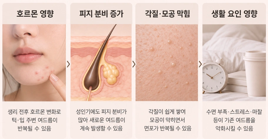 호르몬 변화·피지 분비 증가·각질과 모공 막힘·생활 요인이 성인 여드름의 발생에 영향을 주는 과정을 정리한 이미지