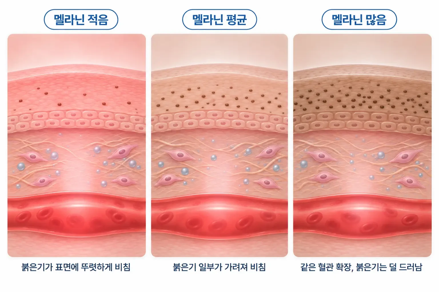 멜라닌 양이 다른 세 피부에서 같은 크기의 혈관 확장이 표면에 비치는 정도를 비교한 모식도