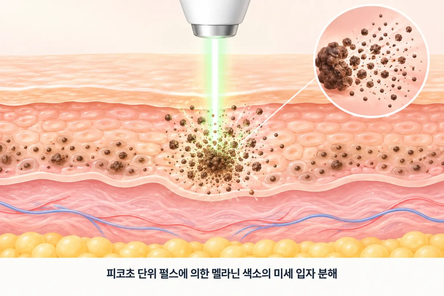 피코초 레이저 빔이 표피 속 멜라닌 색소 덩어리를 미세 입자로 쪼개는 과정을 나타낸 개념도