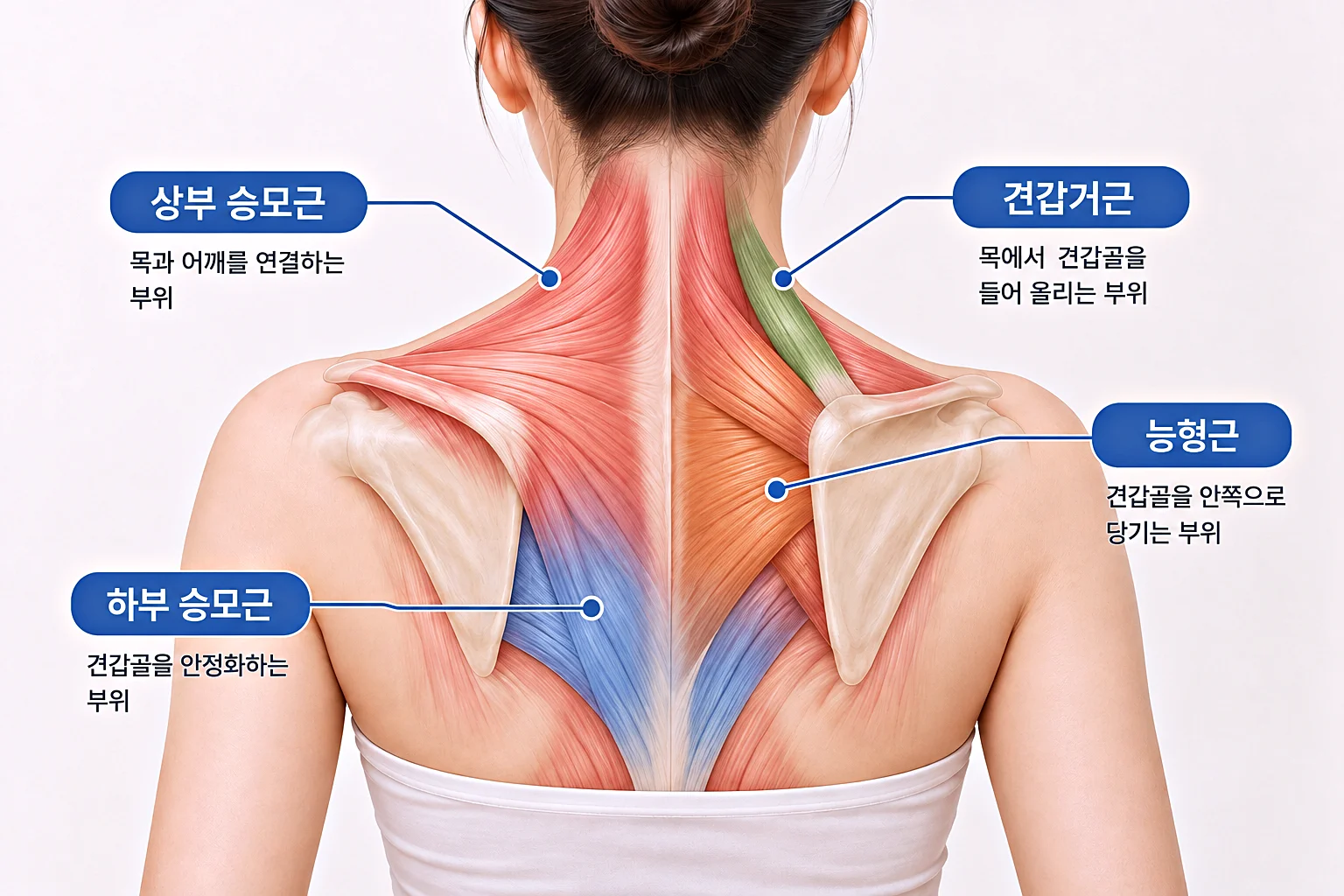 상부 승모근 견갑거근 하부 승모근 능형근 위치와 설명