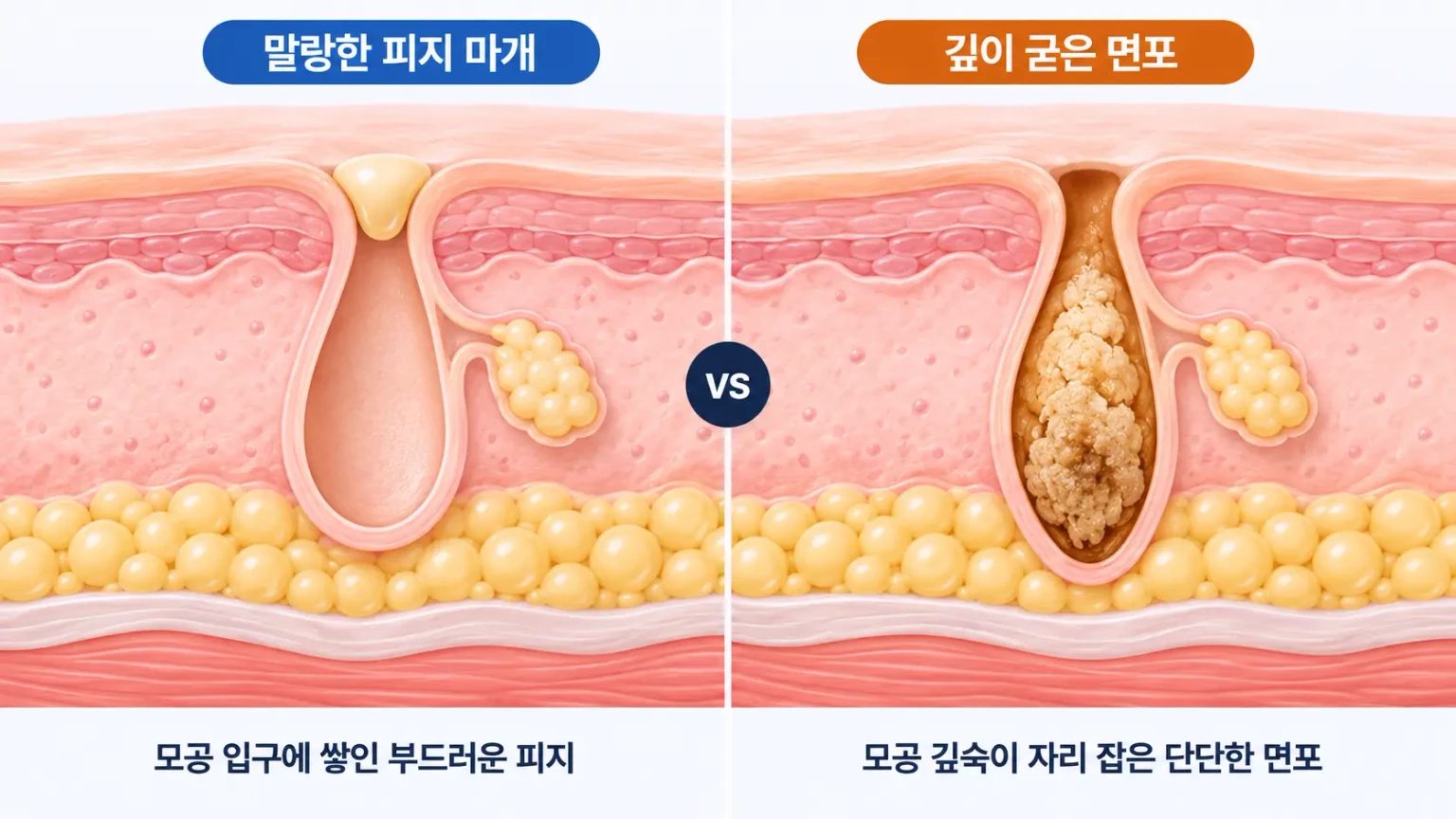 모공 입구의 말랑한 피지 마개와 깊이 굳은 면포의 위치를 나란히 비교한 피부 단면 모식도