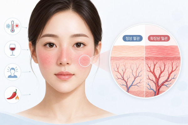 온도 변화와 음주 등 자극에 따른 얼굴 붉은 기와 정상 혈관 및 확장 혈관 비교
