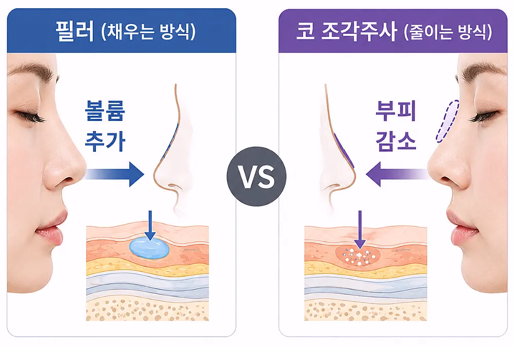 필러와 코 조각주사 방향 비교 - 채우는 방식과 줄이는 방식