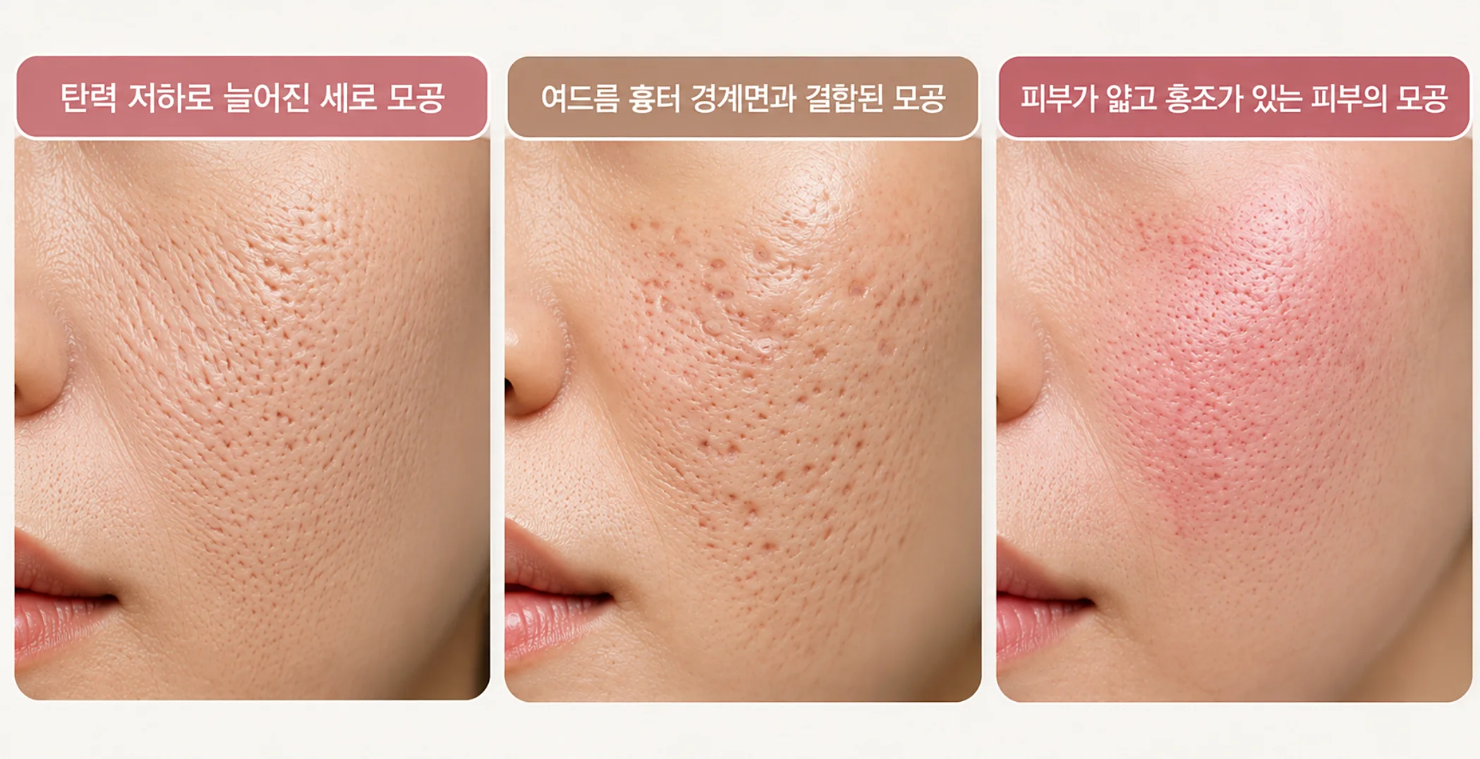 피코프락셀 효과에 적합한 모공 유형 - 세로 모공, 모공성 흉터, 피부가 얇고 홍조가 있는 피부