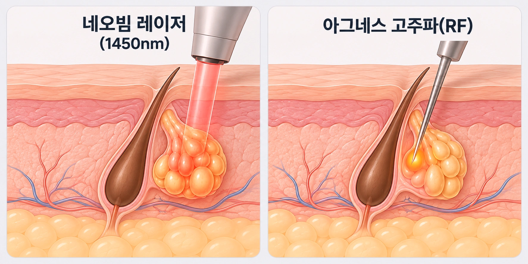 네오빔 1450nm 레이저와 아그네스 고주파(RF)의 피지선 작용 원리를 비교한 피부 단면도