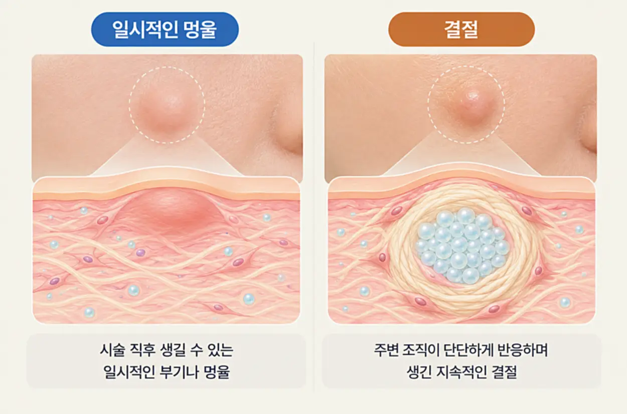 쥬베룩 볼륨 시술 후 발생하는 일시적인 멍울과 지속적인 결절의 차이를 피부 표면과 진피층 단면으로 비교한 일러스트
