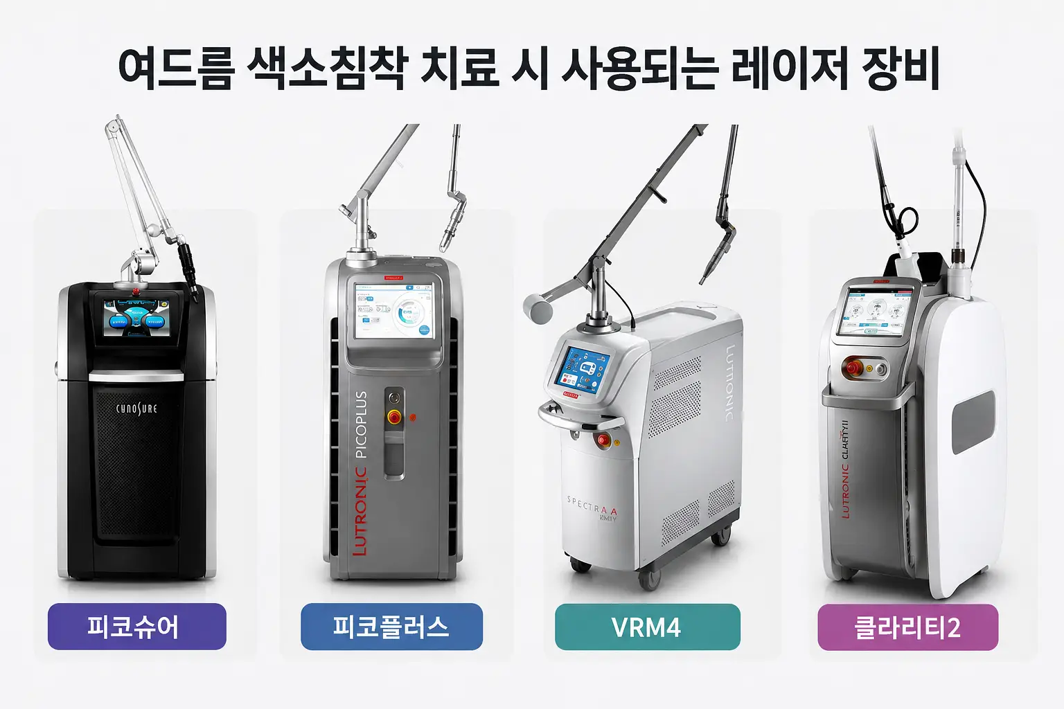 여드름 색소침착 치료에 사용되는 피코슈어·피코플러스·VRM4·클라리티2 레이저 장비
