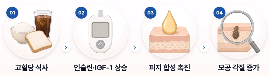 고혈당 식사 후 인슐린과 IGF-1 상승이 피지 합성과 모공 각질에 미치는 영향을 나타낸 흐름
