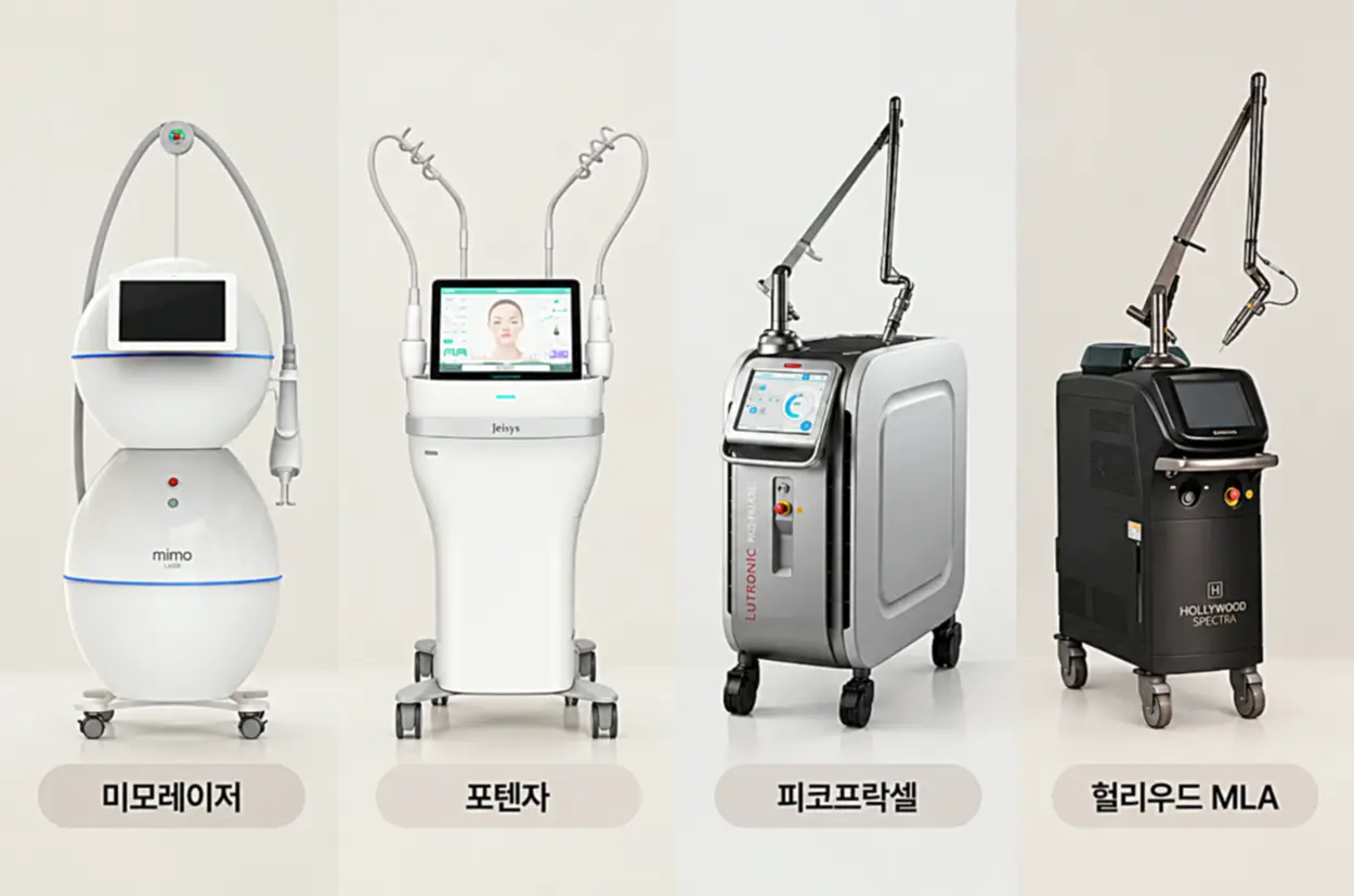 미모레이저, 포텐자, 피코프락셀, 헐리우드mla 장비를 소개하는 이미지