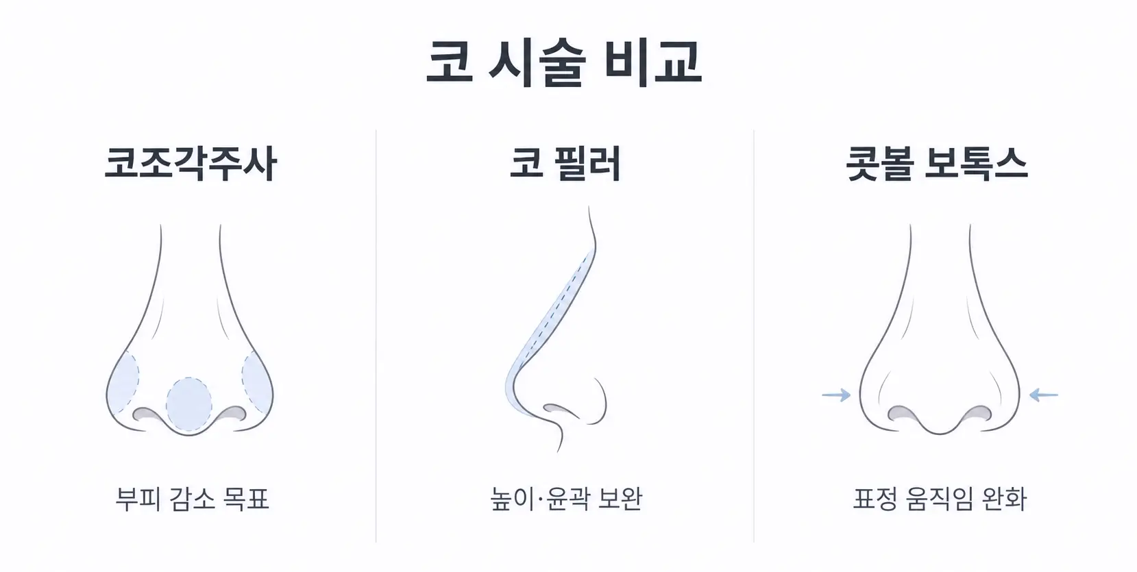 코조각주사와 코 필러, 콧볼 보톡스의 목적 차이를 비교한 인포그래픽