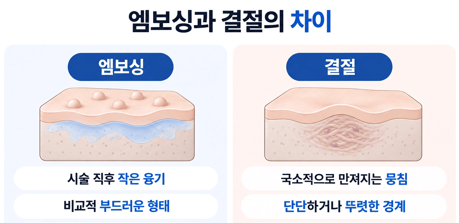 스킨부스터 시술 후 일시적인 엠보싱과 결절의 차이를 비교한 인포그래픽