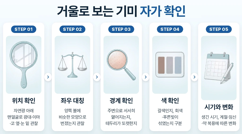 자연광 아래에서 기미의 위치와 좌우 대칭, 경계, 색, 발생 시기와 변화를 확인하는 다섯 가지 자가 확인 방법을 정리한 인포그래픽