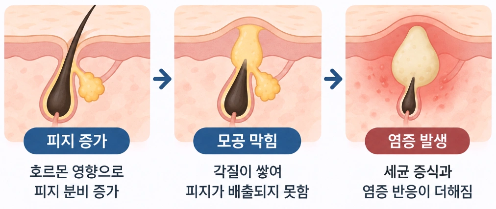 피지 분비 증가로 모공에 피지와 각질이 쌓여 막히고, 이후 염증성 여드름으로 진행되는 과정을 단계별로 나타낸 피부 단면 이미지