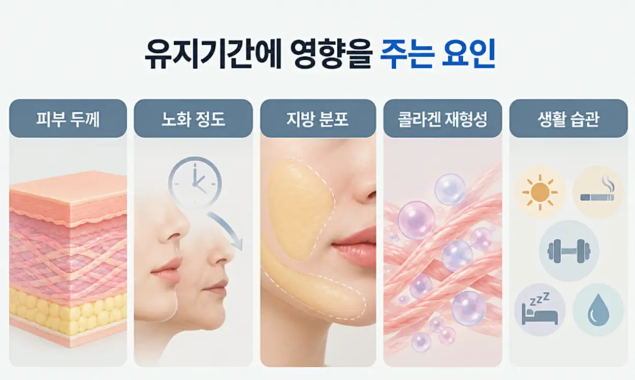 올타이트 리프팅 유지기간에 영향을 주는 피부 두께, 노화 정도, 지방 분포, 콜라겐 재형성 능력, 생활 습관 등 5가지 요인을 정리한 인포그래픽