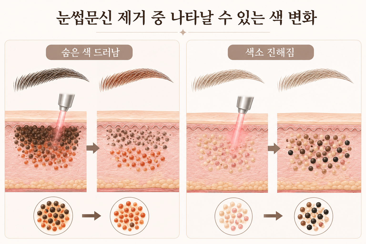 눈썹문신 제거 과정에서 숨은 붉은색이 드러나거나 일부 색소가 짙어지는 변화