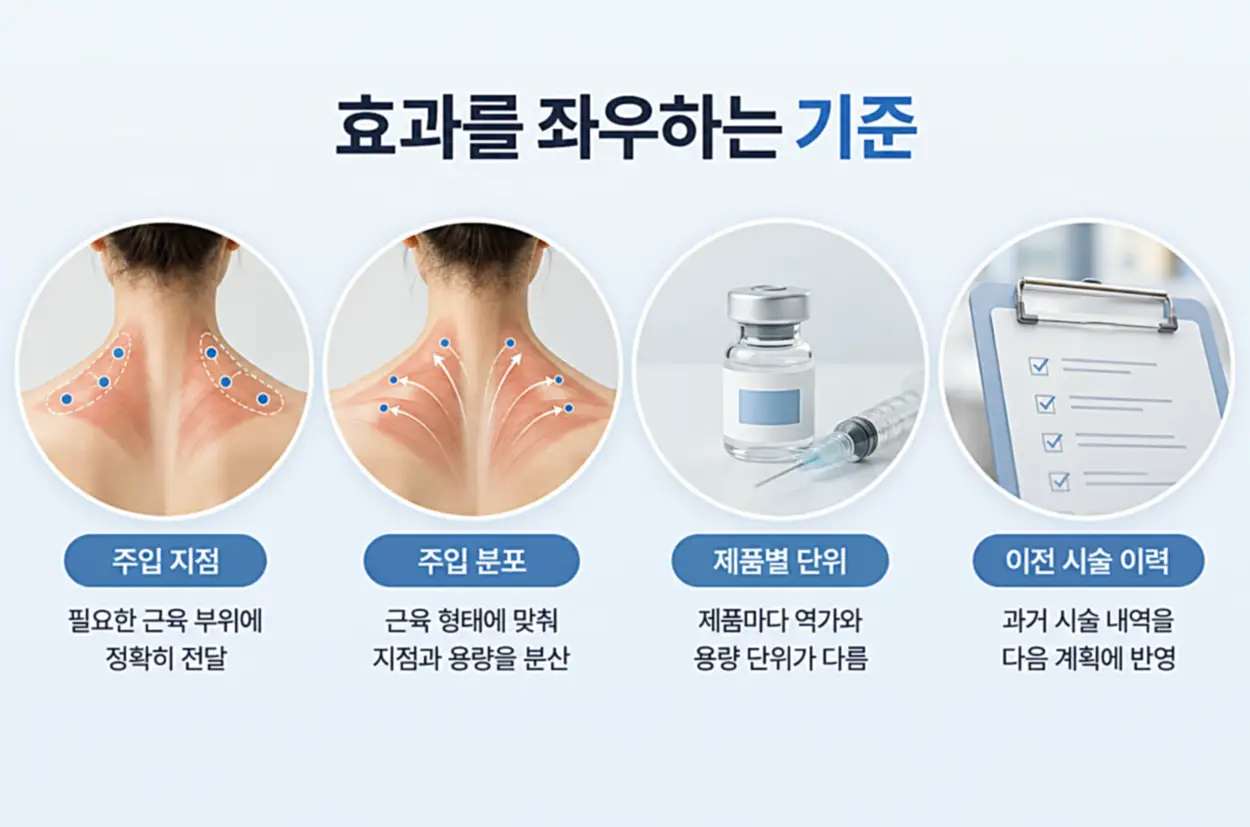 승모근 보톡스 효과를 좌우하는 주입 지점, 주입 분포, 제품별 용량 단위, 이전 시술 이력을 설명한 인포그래픽