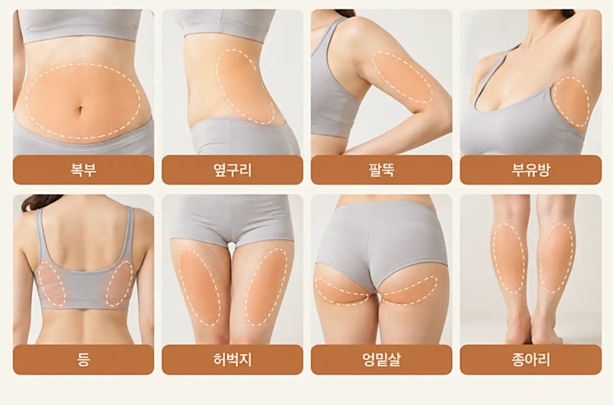 바디 인모드 FX 시술 가능 부위인 복부, 옆구리, 팔뚝, 부유방, 등, 허벅지, 엉밑살, 종아리의 국소 지방 및 군살 관리 범위를 표시한 이미지