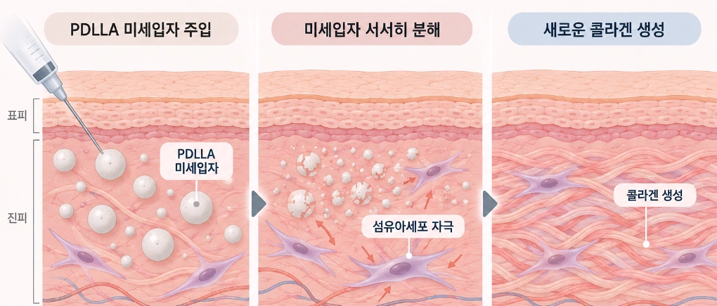 쥬베룩 스킨의 PDLLA 미세입자가 진피에 주입된 뒤 서서히 분해되며 섬유아세포를 자극하고 콜라겐 생성을 유도하는 과정을 나타낸 피부 단면 모식도