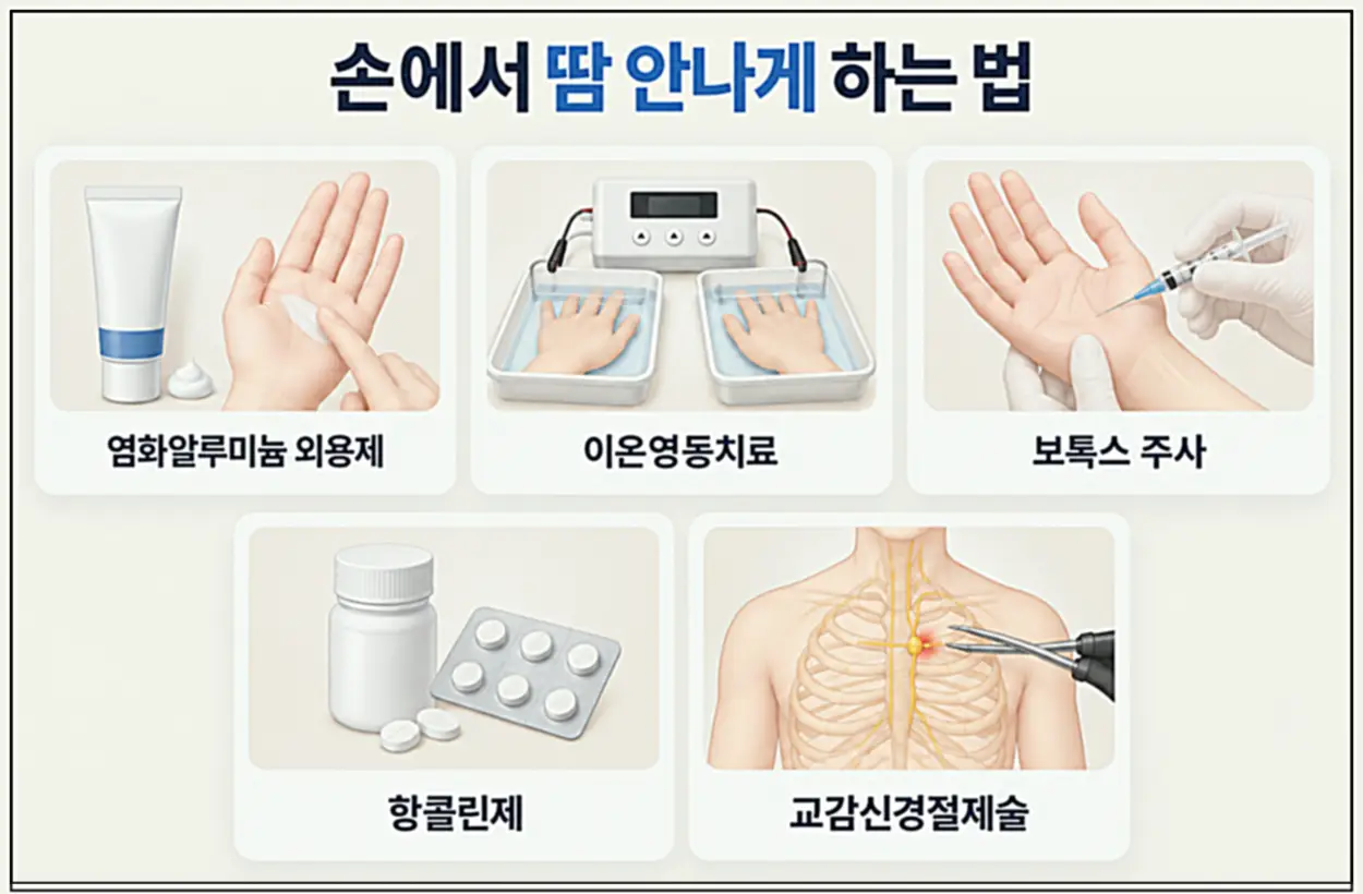 손에서 땀 안나게 하는 법 5가지 비교 이미지, 염화알루미늄 외용제·이온영동치료·보톡스 주사·항콜린제·교감신경절제술 안내