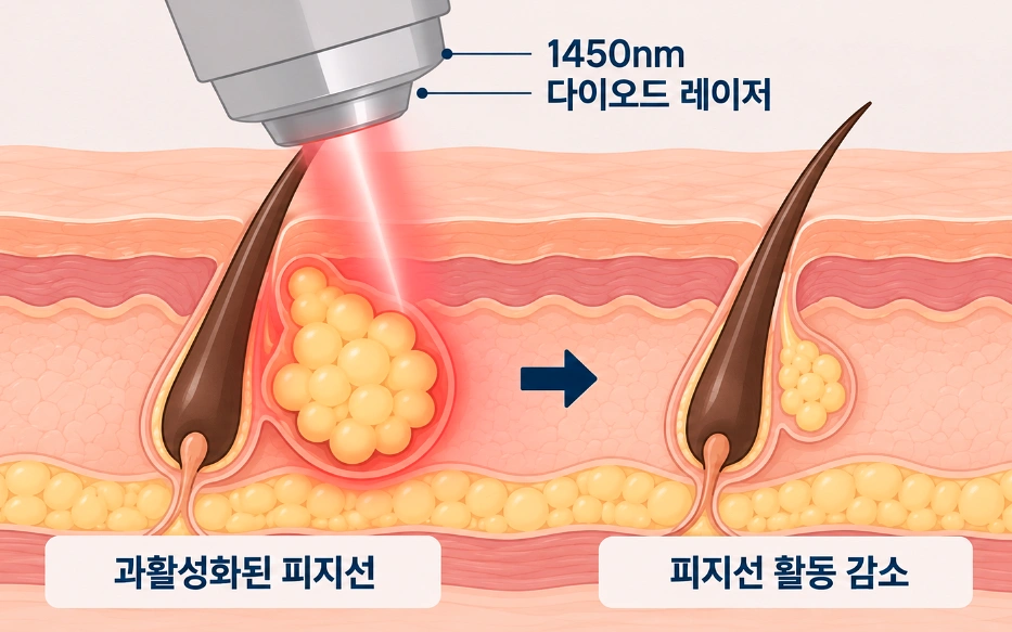 네오빔 1450nm 다이오드 레이저가 피지선에 열에너지를 전달해 피지선 활동을 감소시키는 원리를 비교한 피부 단면도