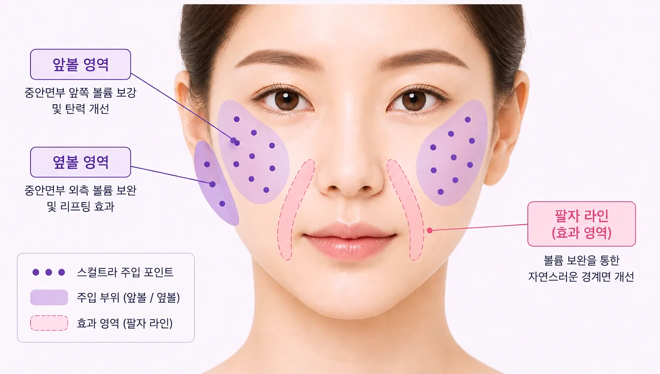 팔자주름 스컬트라 주입 부위 - 앞광대와 볼 중심의 중안면부 설계