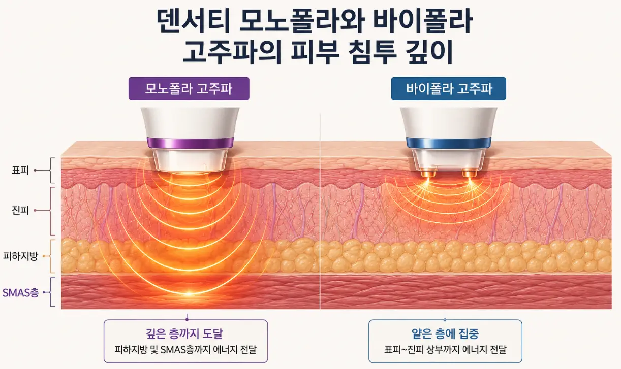 덴서티 효과를 만드는 모노폴라와 바이폴라 표층 집중에 따른 듀얼 고주파 피부 침투 깊이 비교