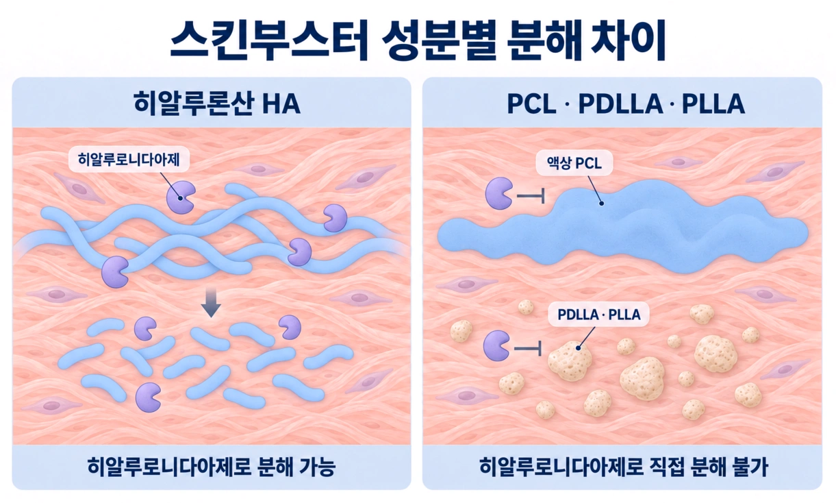 히알루론산과 PCL·PDLLA·PLLA 성분의 분해 특성을 비교한 피부 단면도