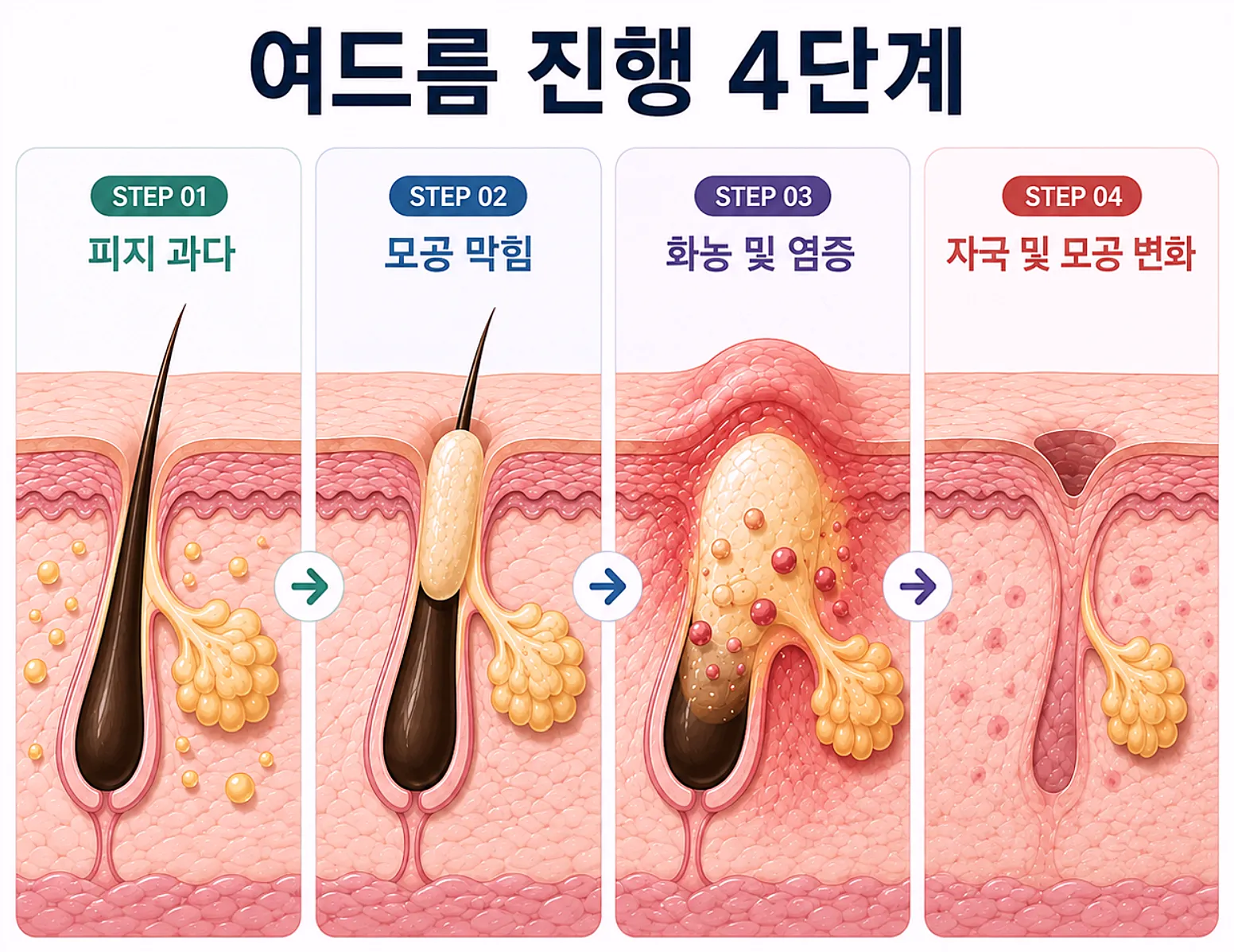 여드름 진행 4단계 - 피지 증가부터 자국이 남기까지 모공 단면도