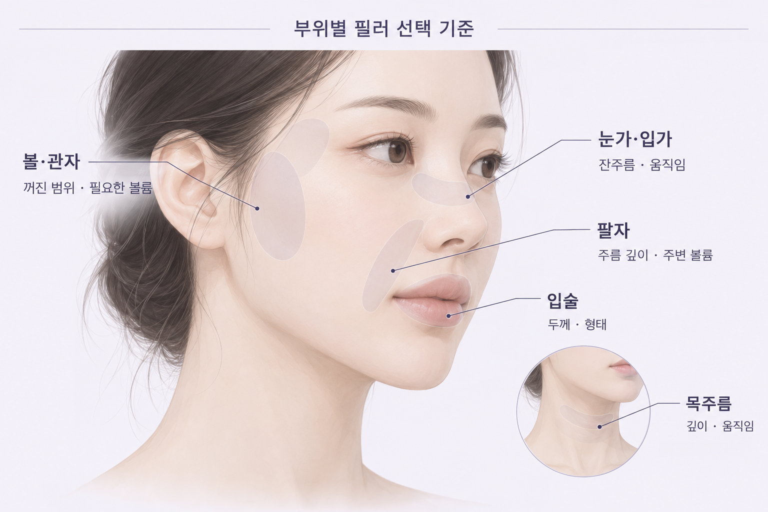 눈가·입가, 팔자, 볼·관자, 입술, 목주름의 벨로테로 필러 부위별 선택 기준