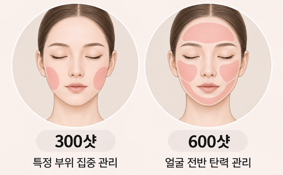 써마지 300샷과 600샷의 얼굴 시술 범위를 비교한 일러스트