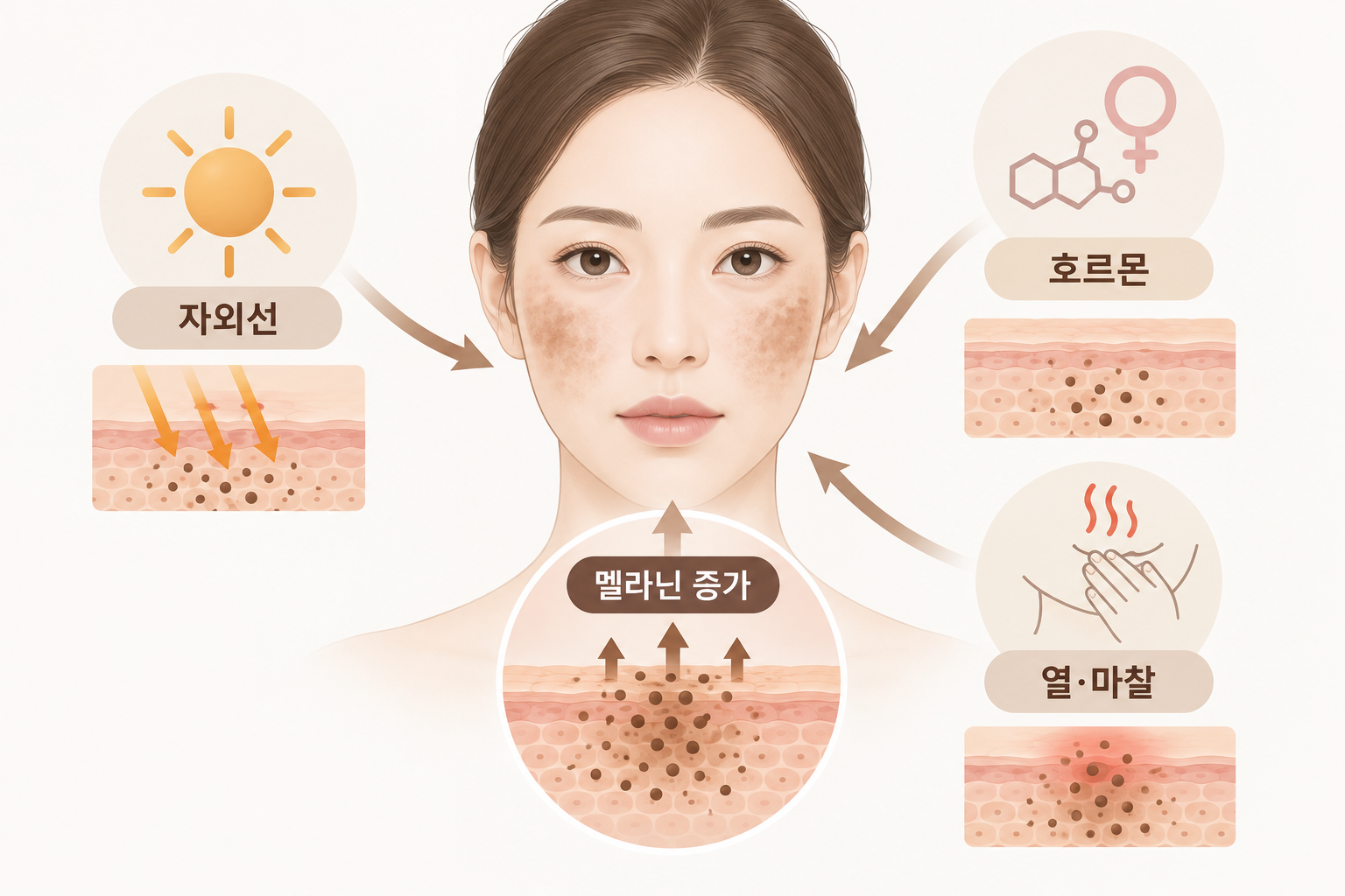 자외선, 호르몬, 열과 마찰 자극이 멜라닌 증가에 영향을 주는 기미 발생 요인