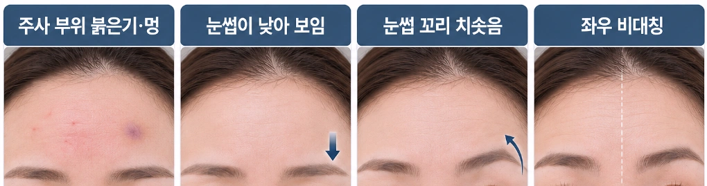 이마주름 보톡스 후 나타날 수 있는 주사 부위 붉은기와 멍, 눈썹이 낮아 보이는 변화, 눈썹 꼬리 치솟음, 좌우 비대칭을 정리한 시술 후 반응 비교 사진