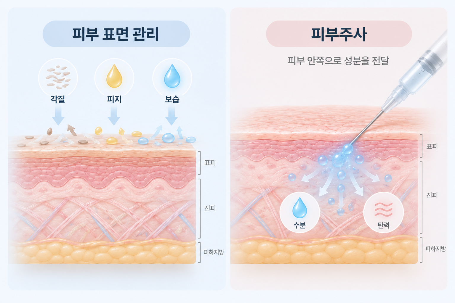피부 표면 관리와 피부주사의 작용 위치를 피부층 단면으로 비교