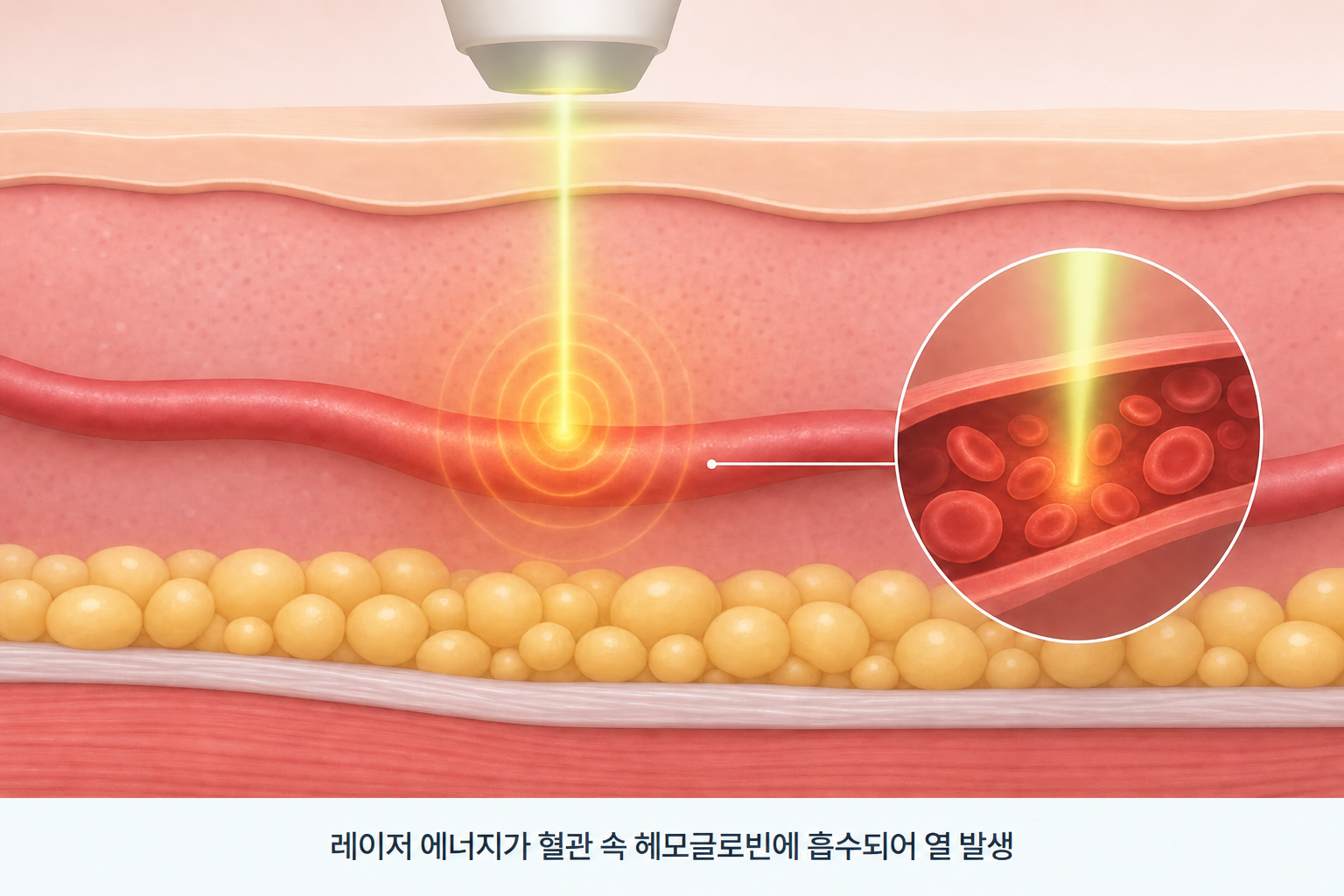 붉은 여드름 자국 치료에 사용하는 혈관 레이저가 확장된 미세혈관 속 헤모글로빈에 흡수되어 열을 발생시키는 과정과 혈관 내부 구조