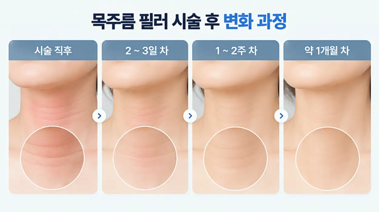 목주름 필러 시술 후 변화 과정, 시술 직후부터 2~3일 차, 1~2주 차, 약 1개월 차까지 가로 목주름 개선 경과를 비교한 인포그래픽