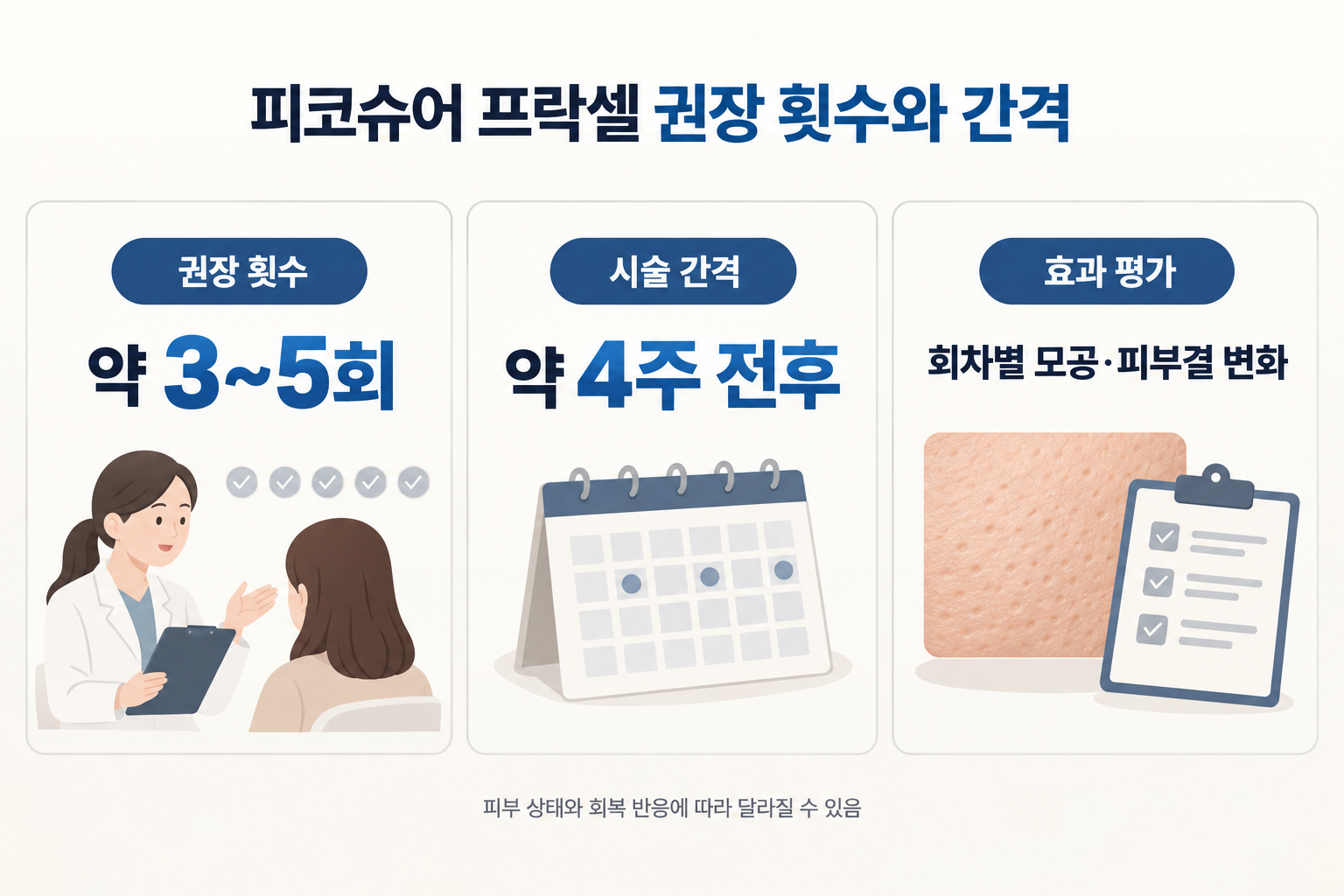 피코슈어 프락셀 권장 시술 횟수 3~5회와 약 4주 간격, 회차별 모공 및 피부결 변화 평가를 설명한 이미지
