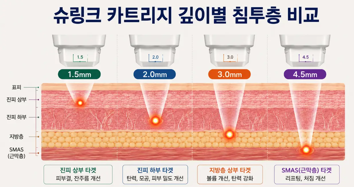 부산 슈링크 리프팅 카트리지 깊이별 타깃 피부층과 잔주름 탄력 리프팅 적용 부위 비교