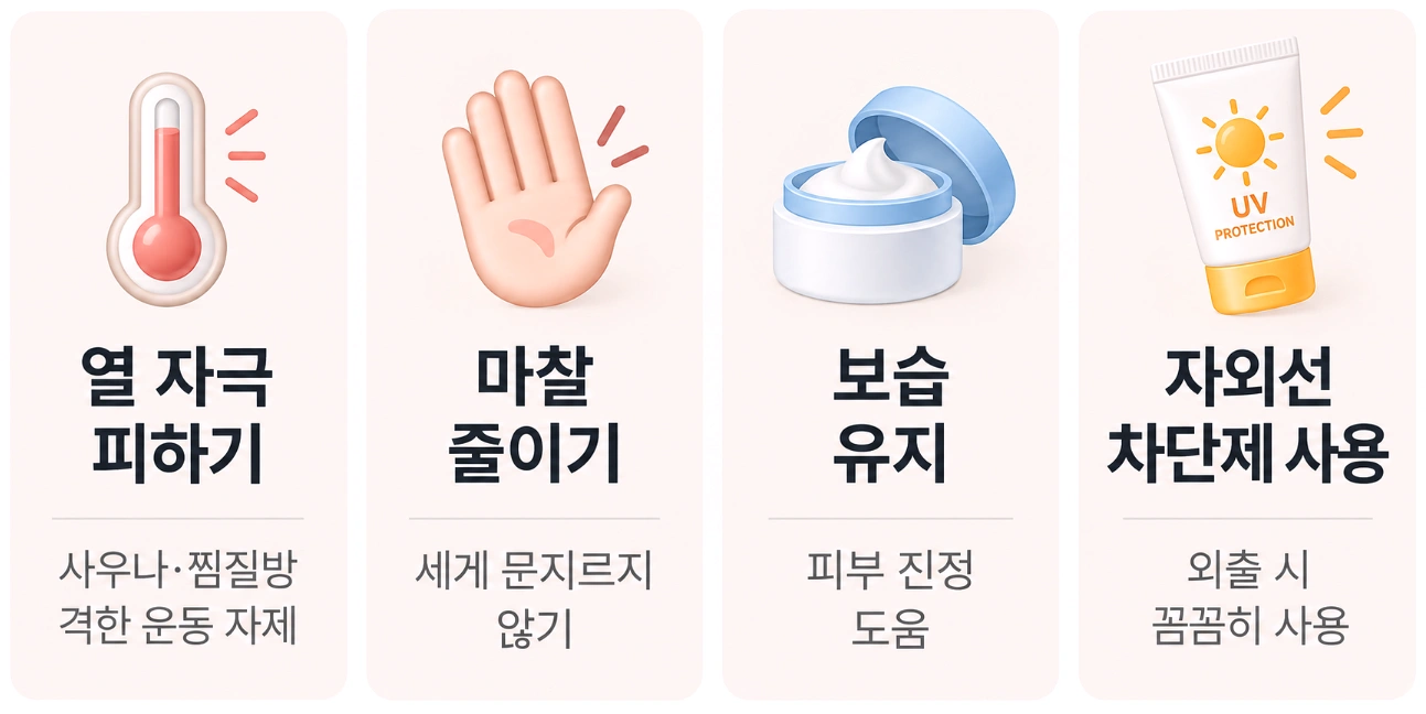 리프팅 시술 후 열 자극 피하기, 마찰 줄이기, 보습 유지, 자외선 차단제 사용 등 관리 방법을 나타낸 인포그래픽