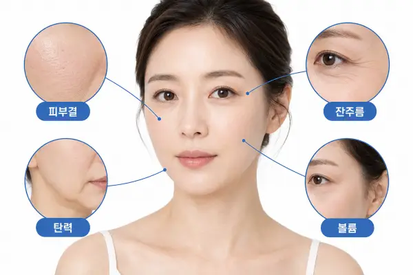 피부결 잔주름 탄력 저하 볼륨 감소가 나타나는 얼굴 부위와 확대 비교