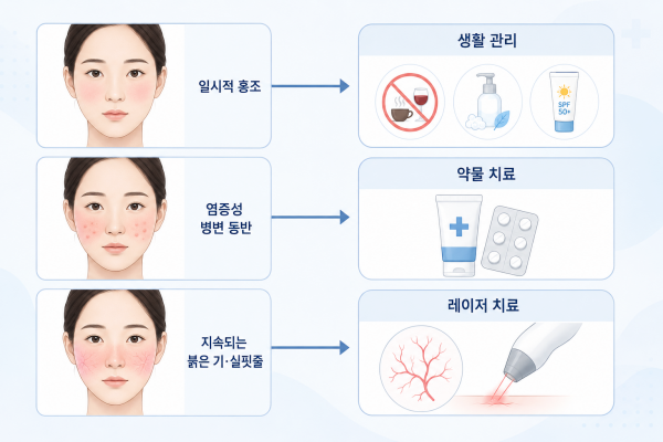 일시적 홍조 염증성 병변 지속되는 붉은 기에 따른 생활 관리 약물 치료 레이저 치료 방향