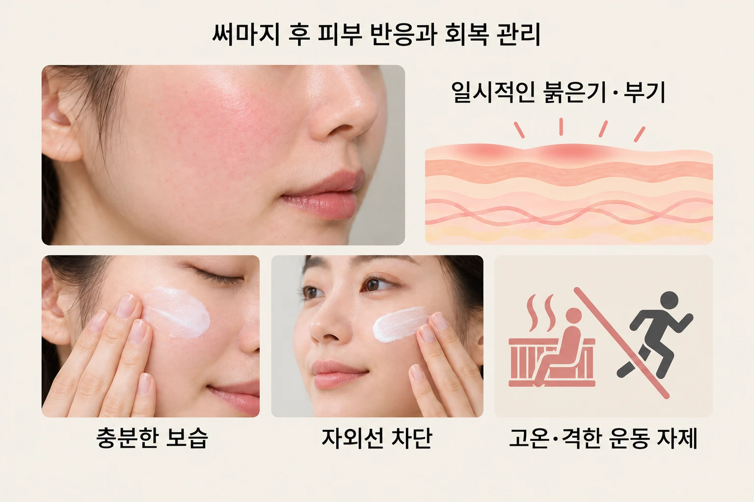 써마지 후 일시적인 붉은기·부기와 보습·자외선 차단·고온 및 격한 운동 관리