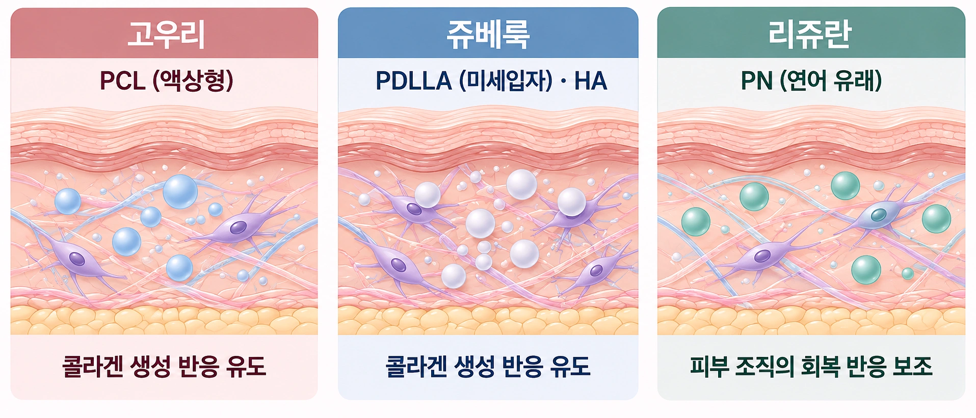 고우리 PCL, 쥬베룩 PDLLA·HA, 리쥬란 PN 성분이 진피층에서 작용하는 방식과 콜라겐 생성 및 피부 회복 반응의 차이를 비교한 의료 모식도