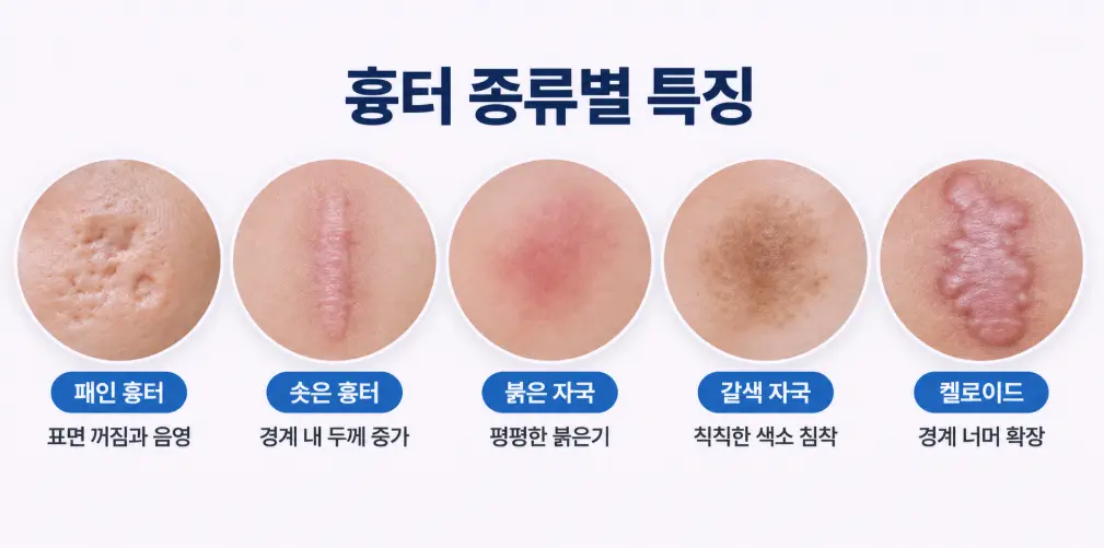 5가지 주요 흉터(패인 흉터, 솟은 흉터, 붉은 자국, 갈색 자국, 켈로이드)의 시각적 특징과 형태를 비교한 피부 클로즈업 사진