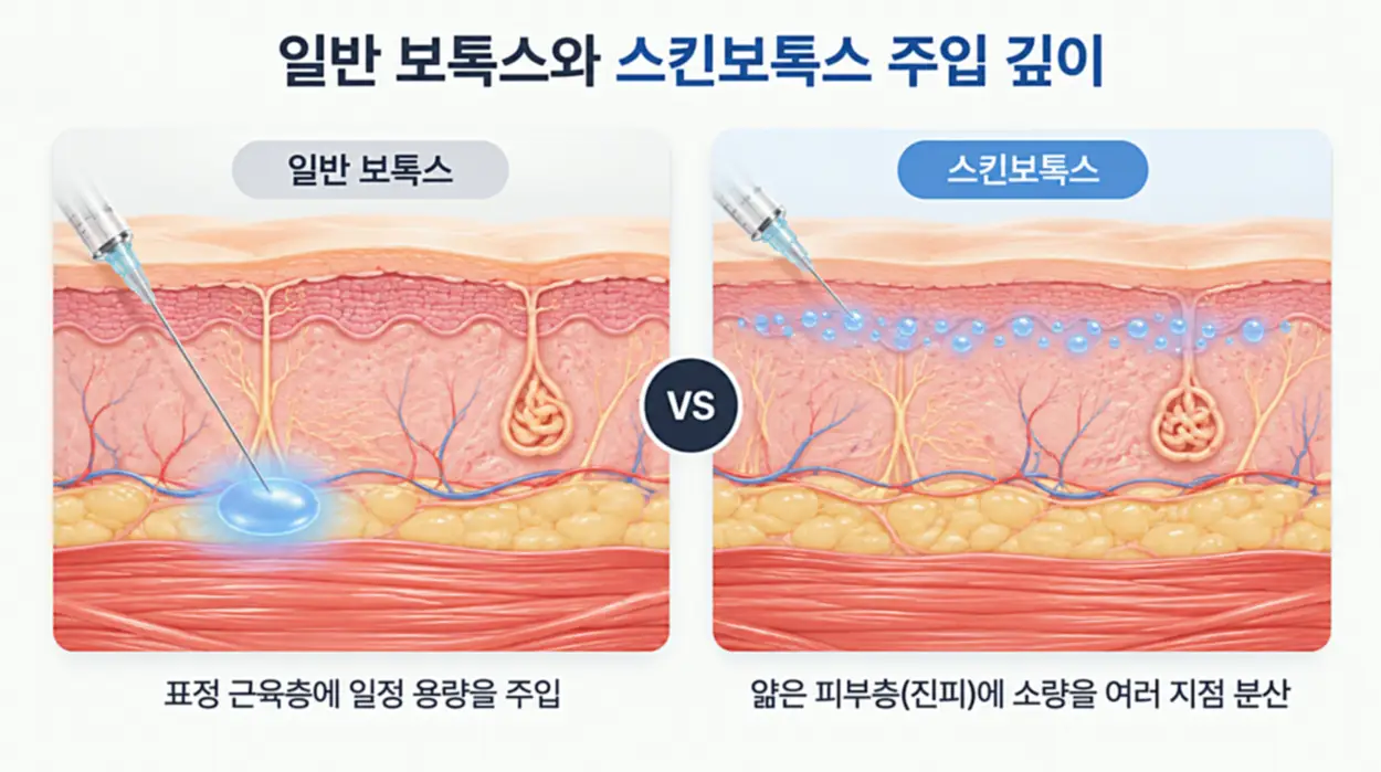 일반 보톡스와 스킨보톡스 주입 깊이를 비교하는 피부 단면도
