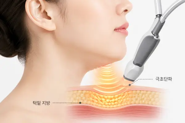 온다리프팅 극초단파 에너지가 턱밑 지방층에 전달되는 원리를 보여주는 단면도