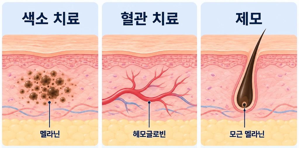 멜라닌 색소·혈관의 헤모글로빈·모낭 멜라닌을 각각 표적으로 하는 클라리티 레이저 적용 범위 모식도