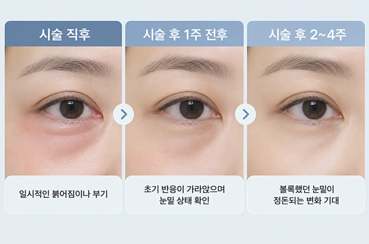 눈밑 리프팅 시술 직후 붉어짐과 붓기, 1주 후 초기 반응 완화, 2~4주 후 눈밑 변화 과정을 단계별로 비교한 이미지