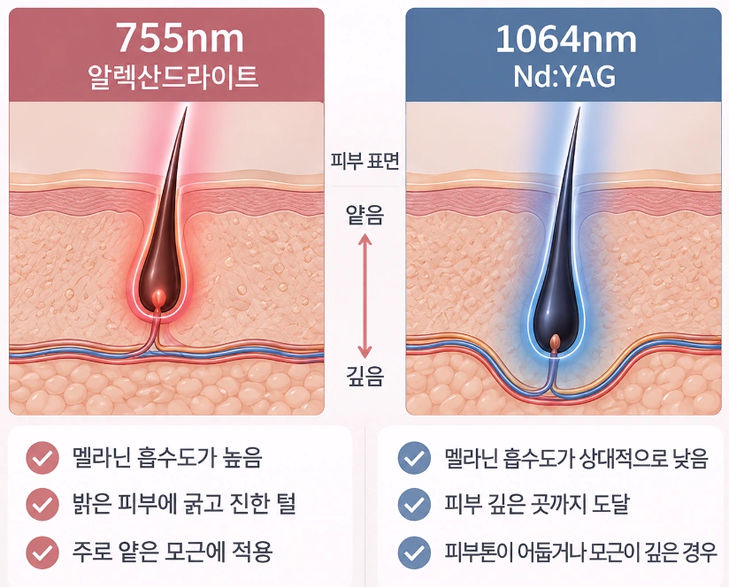 여자 겨드랑이 제모에 사용하는 755nm 알렉산드라이트와 1064nm NdYAG 레이저의 멜라닌 흡수도와 피부 도달 깊이 차이를 비교한 단면도