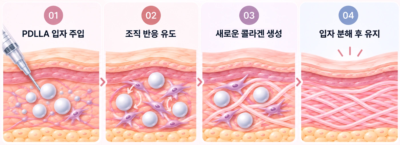 쥬베룩 PDLLA 입자 주입부터 조직 반응, 콜라겐 생성, 입자 분해까지 4단계 과정을 나타낸 피부 단면도