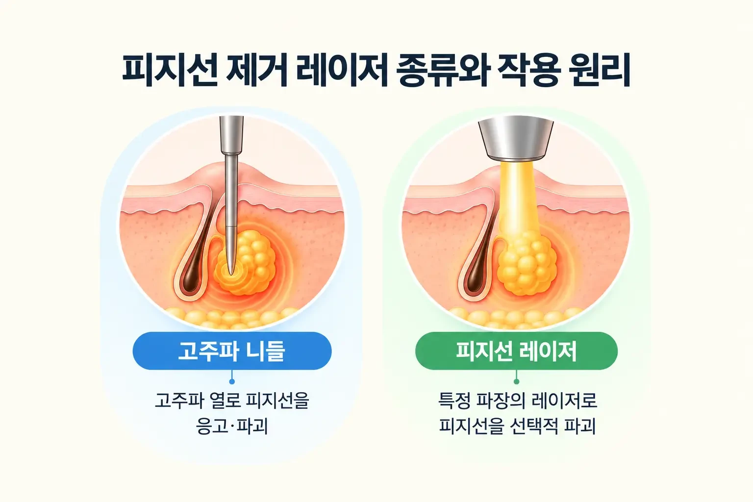 피지선 제거 고주파 피지선 레이저의 작용 원리와 치료 방법을 비교한 피부 단면도
